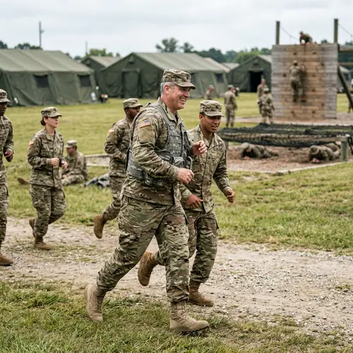 Cheerful Middle-Aged Man at Military Drills | Training Camp Fun