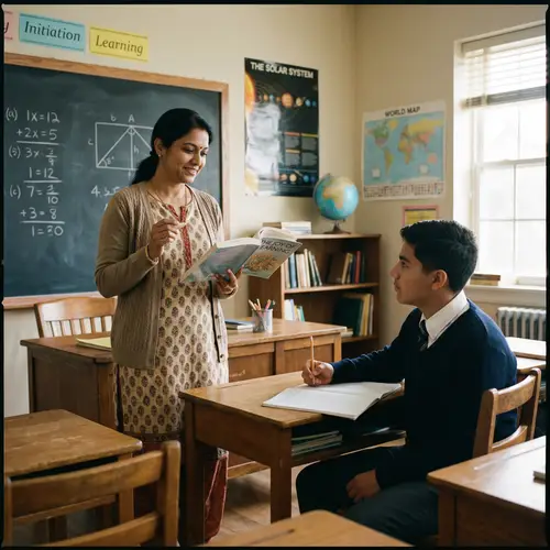 Professional South Asian Female Teacher Educating Hispanic Male Student