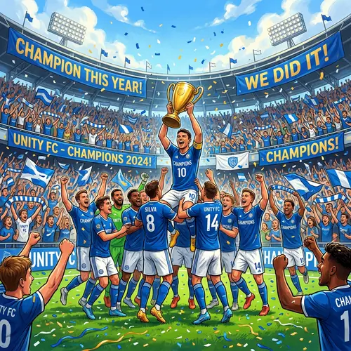 Soccer Team Celebrating Champions - Bright Sky Stadium