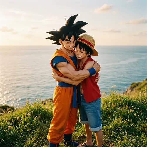Goku and Luffy Tender Embrace | Anime Crossover Hug