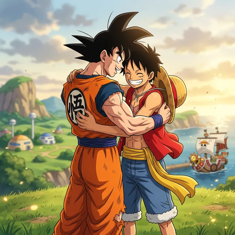 Goku and Luffy Embrace in Heartwarming Scene | Anime Characters Hug Goku and Luffy Embrace in Heartwarming Scene | Anime Characters Hug