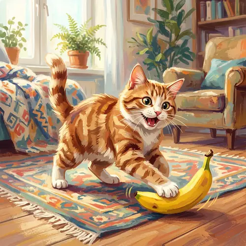 Joyful Cat with Banana - Whimsical Digital Art