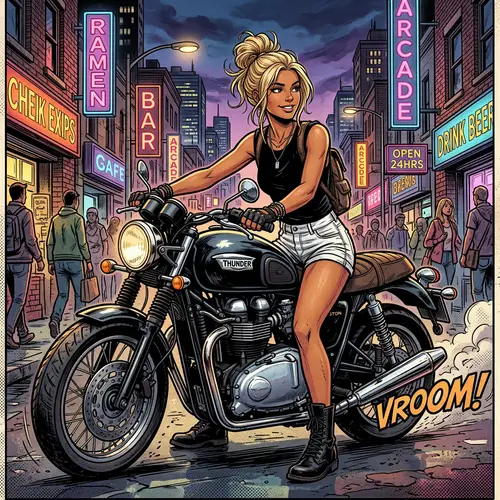 Comic Book Style Girl with Tan Skin on Motorcycle