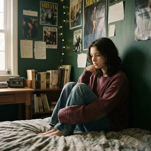 Introspective Teenage Girl in Moody Bedroom - Emotional Portrait