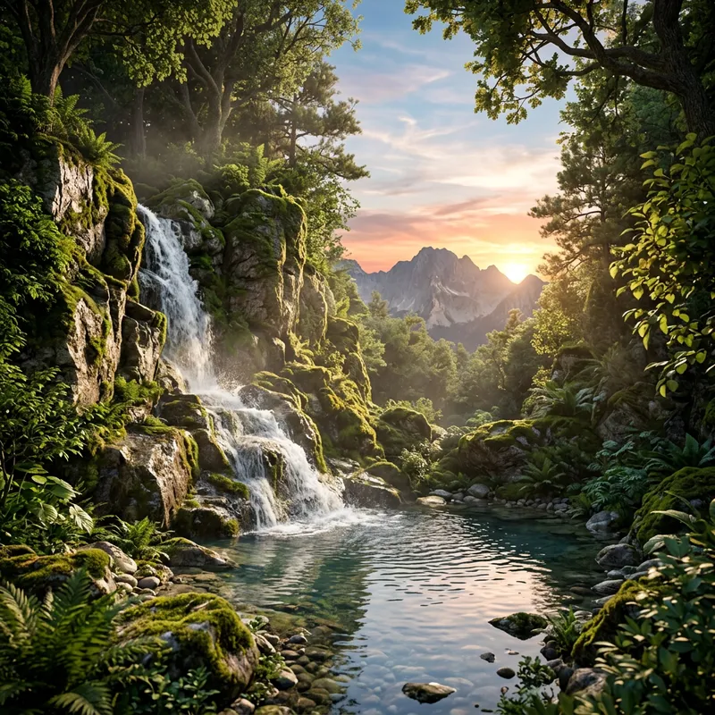 Tranquil 3D Blender Art of Cascading Waterfall & Nature Scene