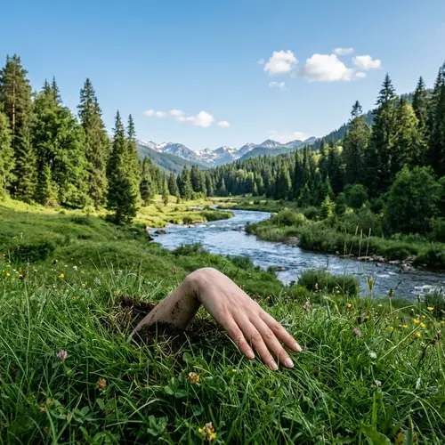 Majestic Natural Landscape with Mysterious Hand Touching Grass