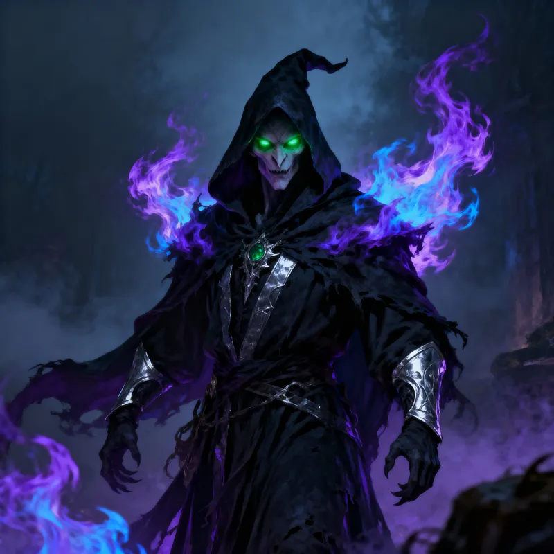 Evil Dark Wizard with Purple and Blue Flames