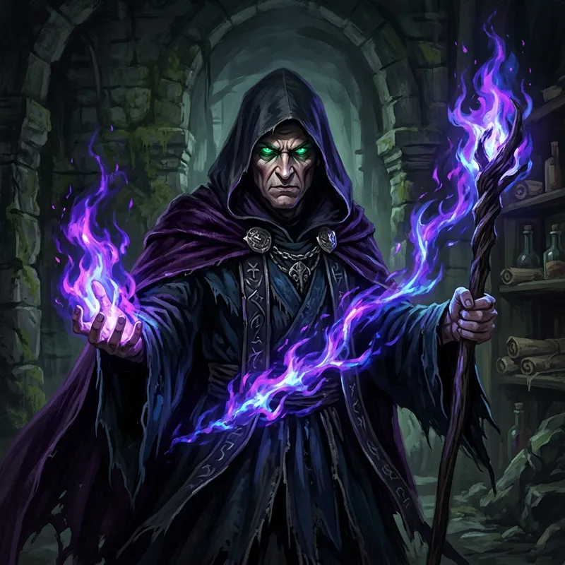 Evil Dark Wizard with Purple and Blue Flames Evil Dark Wizard with Purple and Blue Flames