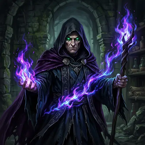 Evil Dark Wizard with Purple and Blue Flames