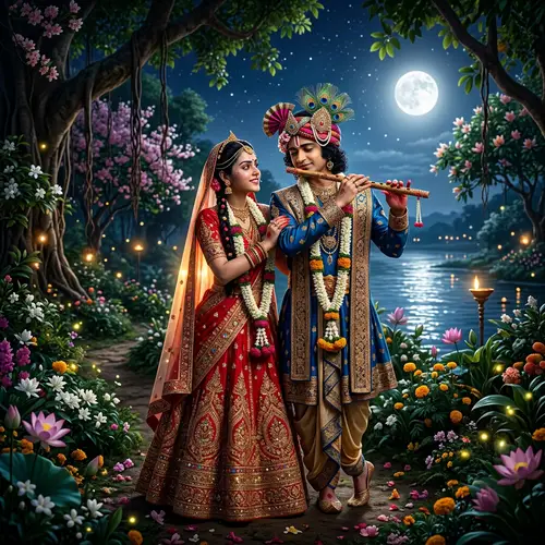 Radha and Krishna in Moonlit Forest Scene
