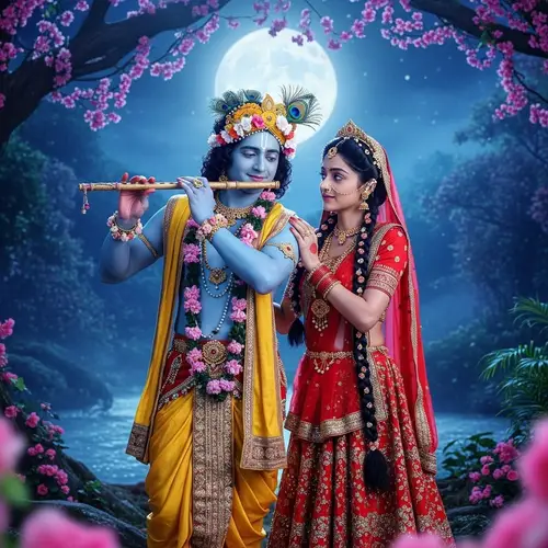 Radha and Krishna in Moonlit Forest Scene