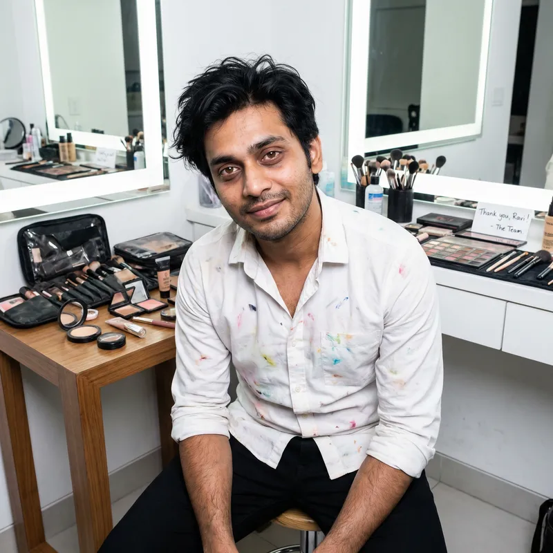 Exhausted South Asian Makeup Artist in Modern Studio