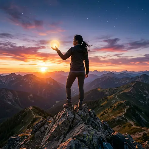 Empowerment at Sunset: Asian Woman with Inner Power Orb on Mountain Peak