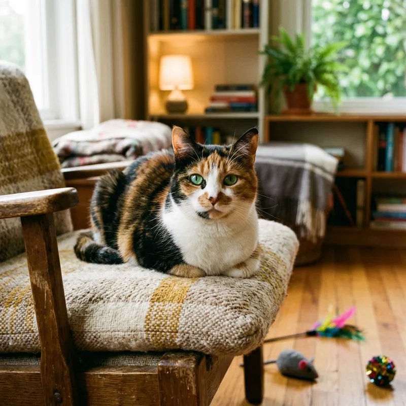 Adorable Multicolored Cat on Cushion | Cute & Curious