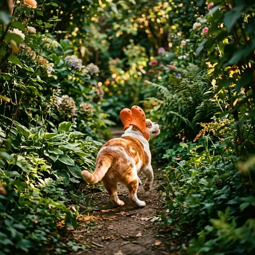 Adorable Bulldog Cat in Crocs Galloping Through Lush Garden