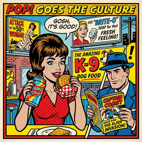 Pop Art Style with Comic Characters and Popular Culture References