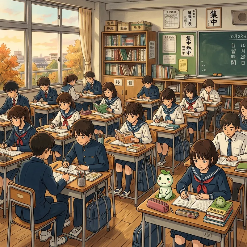Peaceful 2D Japanese Classroom with Studious Students | Nostalgic Study Session