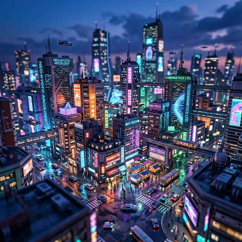 Futuristic Cyberpunk Metropolis: Neon Lights & Miniature City