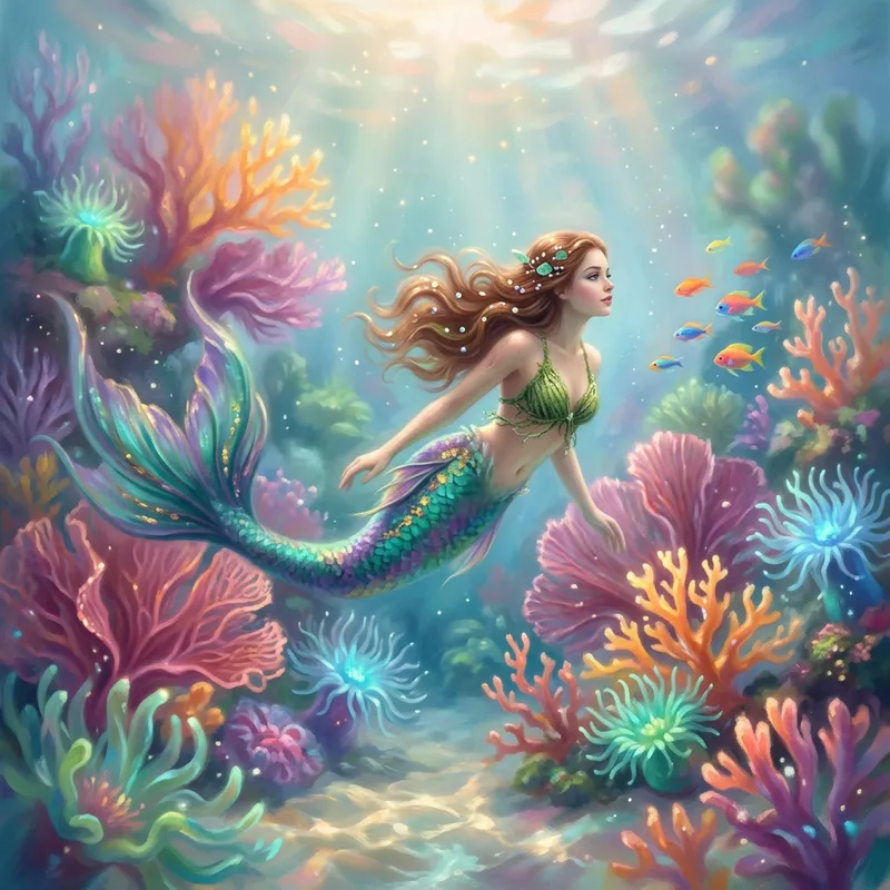 Surreal Mermaid in Vibrant Coral Reef Scene