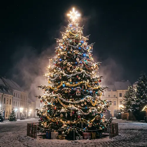 Magnificent Christmas Tree in Night Darkness with Twinkling Lights