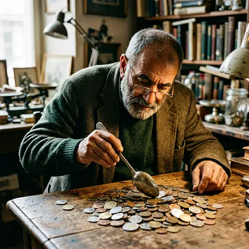 Captivating Image of Hunchbacked Man Stirring Coins with Spoon