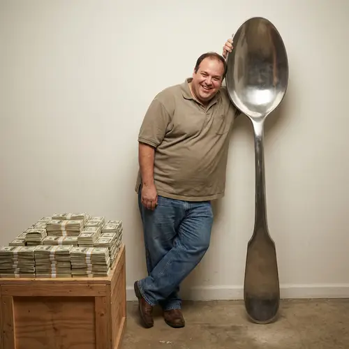 Smiling Hunchbacked Man with Spoon and Money