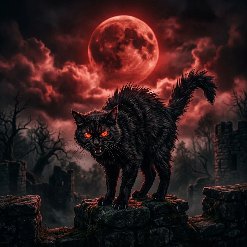 Malevolent Feline and Blood Moon: Sinister Scene in Dark Red Tones