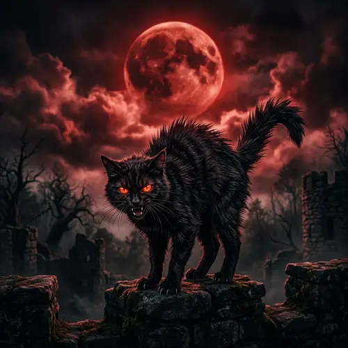 Evil Cat & Blood Moon: Malevolent Feline under Dark Red Sky