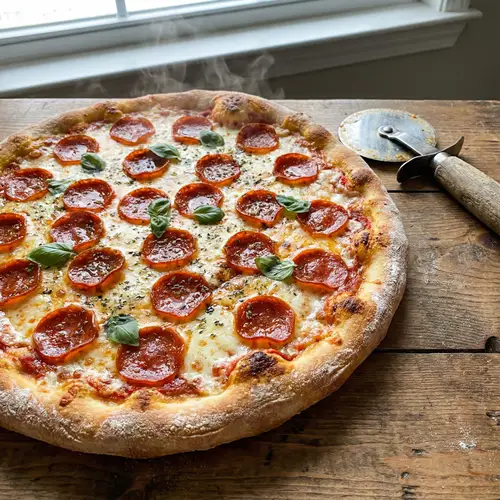Delicious Pepperoni Pizza with Melting Cheese and Fresh Basil