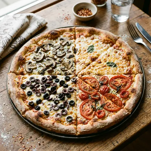 Delicious Four-Quarter Pizza with Varied Toppings