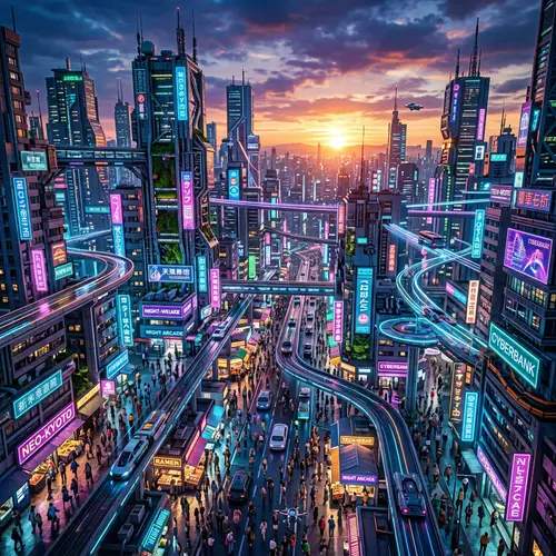 Futuristic Cityscape at Sunset with Neon Lights | Cyberpunk Aesthetic