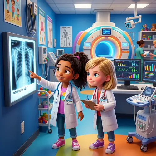 Young Girls in Doctor Lab Coats in Radiology Room - Pixar Style