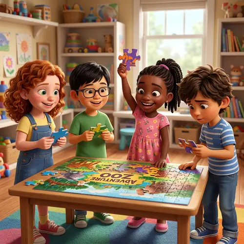 Diverse Pixar-Style Kids with Jigsaw Puzzle Pieces