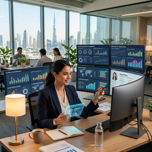 Modern Middle-Eastern Female Recruiter Using AI Technology in Professional Office Setting