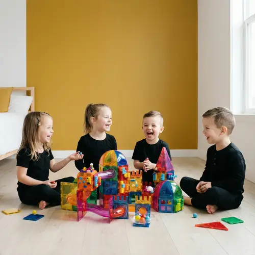 Kids Playing in Modern Bedroom with Yellow Wallpaper