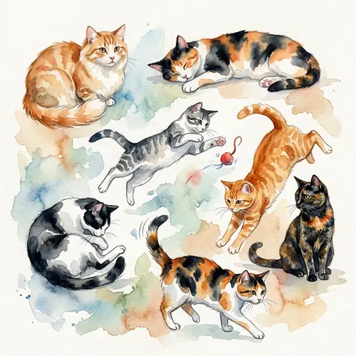 Watercolor Cats in Various Poses: Artistic Feline Portraits