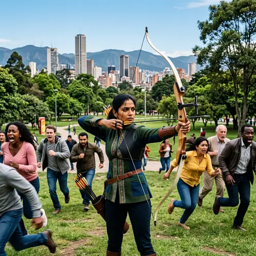 South Asian Woman Archery Scene in Bogota Park