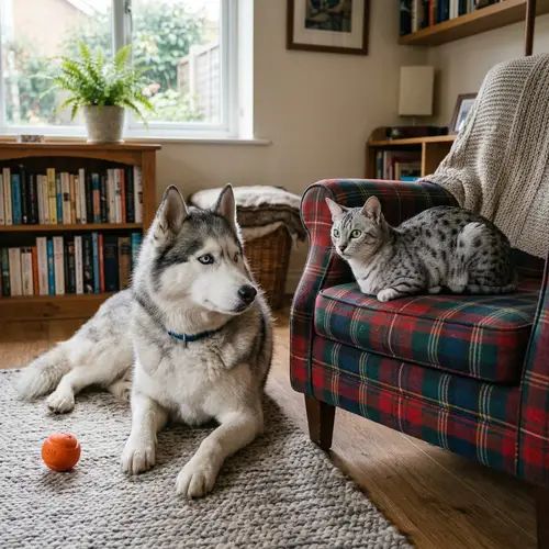Siberian Husky and Egyptian Mau Friendship | Living Room Scene