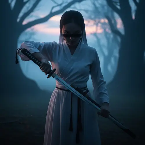 Asian Warrior Girl in White Dress and Sword