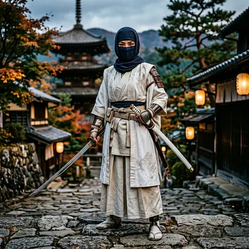 Asian Warrior Girl in White Dress and Sword