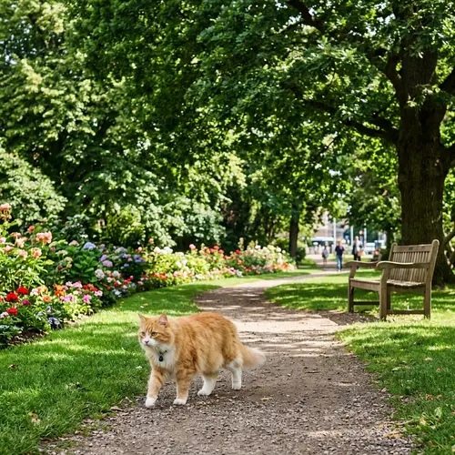 Adorable Fluffy Cat Wandering in Lush City Park