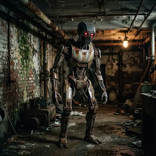 Eerie AI Robot in Horror Setting - Rusting Metallic Figure