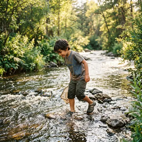 Young Hispanic Boy Adventurously Wading in Rich River