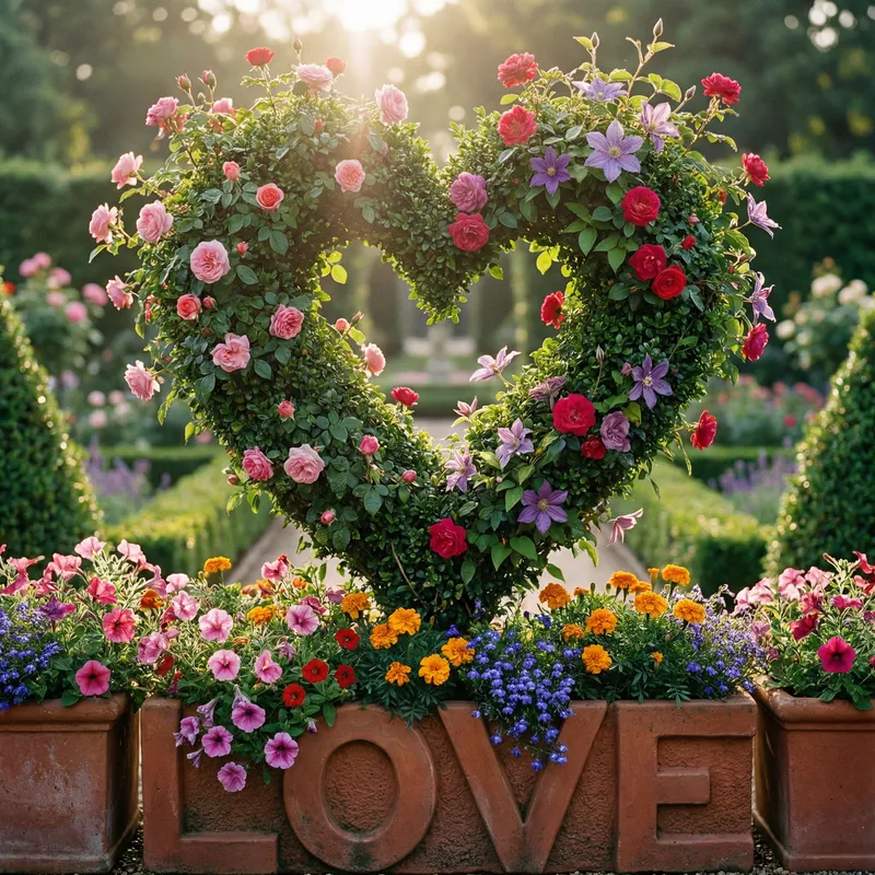 Tranquil Love: Heart-Shaped Topiary with Blooming Flowers in Sunlit Garden