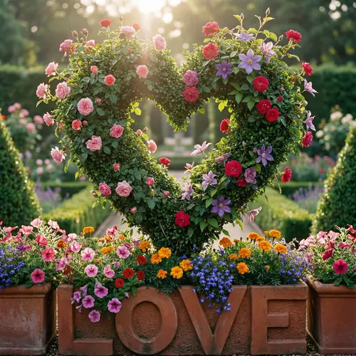 Meticulously Sculpted Heart-Shaped Topiary with Lush Green Leaves and Vibrant Flowers