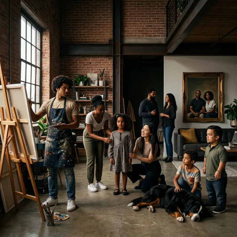 Modern Reinterpretation of 'Las Meninas' with Rembrandt Lighting in Stylish Loft Apartment