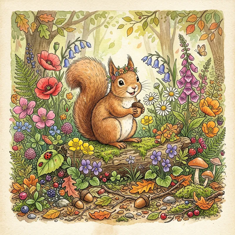 Whimsical Woodland Creature Among Vibrant Flowers - Nature-Inspired Illustration