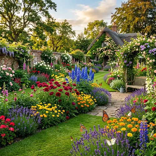 Exquisite Garden with Vibrant Flowers and Butterflies