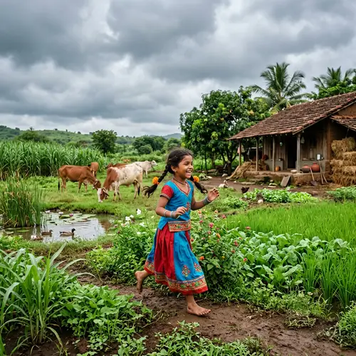 Young Indian Girl Playing Joyfully on Traditional Farm