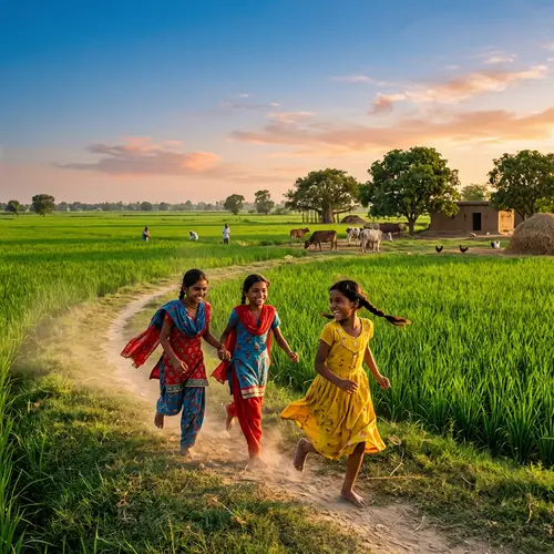 Indian Child Girls Playing in Lush Farm | Joyful Rural Scene